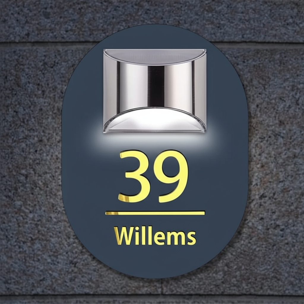 Gepersonaliseerd zonne-energie huisnummerbord – uniek ovaalvormig design met warme LED-verlichting