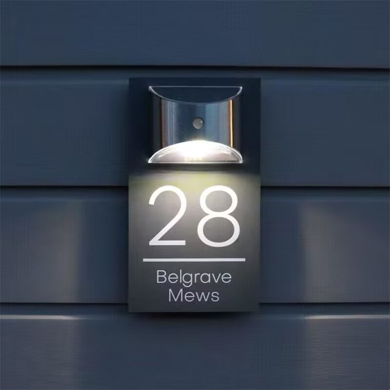 Gepersonaliseerde zonne-3D huisnummerbord aangepaste LED moderne deurplaquette acryl adresplaquette verlicht huisnummer voor buitenverlichting verlicht huis straat tuin (30 x 21 cm, zwart zilver
