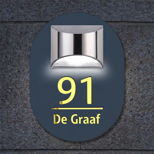 Gepersonaliseerd zonne-energie huisnummerbord – uniek ovaalvormig design met warme LED-verlichting