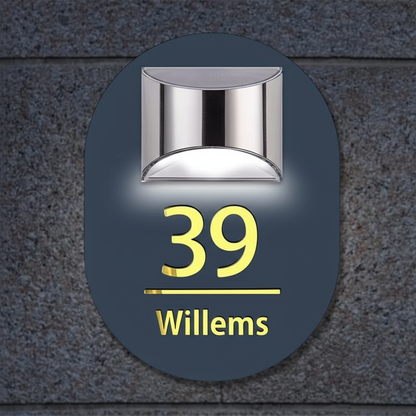 Gepersonaliseerd zonne-energie huisnummerbord – uniek ovaalvormig design met warme LED-verlichting