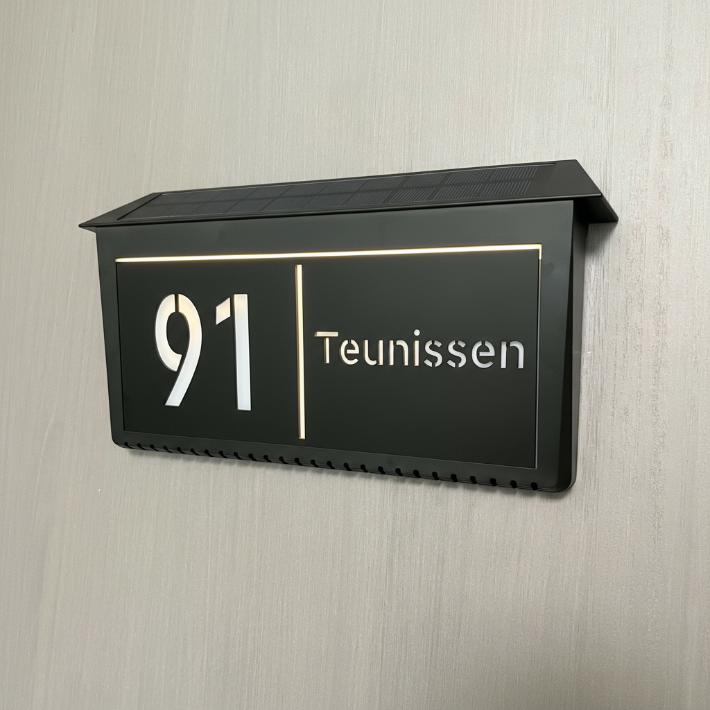 Modern huisnummerbord met solarverlichting – volledig personaliseerbaar
